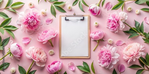 Blank Clipboard Surrounded by Delicate Pink Peonies and Lush Greenery on a Pastel Pink Background