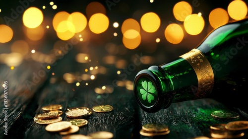 St Patricks Day Celebration Lucky Charm Bottle with Four Leaf Clover and Gold Coins Decorations