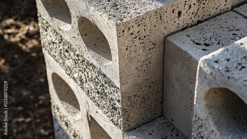 Close-up of construction workers assembling concrete blocks to build house walls, highlighting teamwork, precision, and the masonry process in residential construction.

