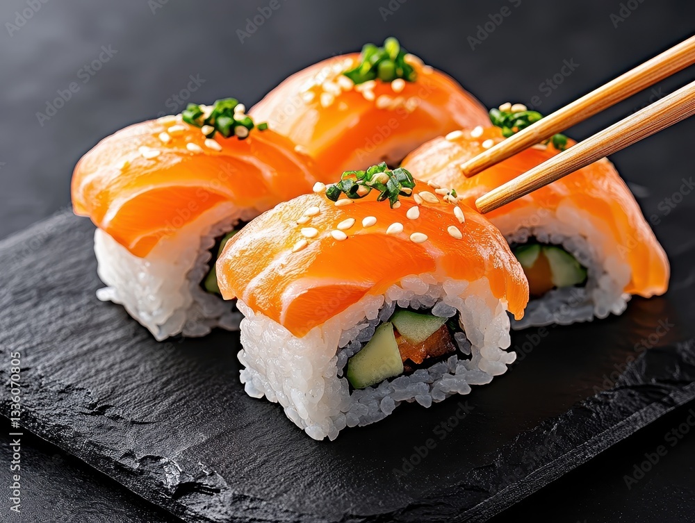Freshly prepared salmon sushi rolls with cucumber on a black slate plate