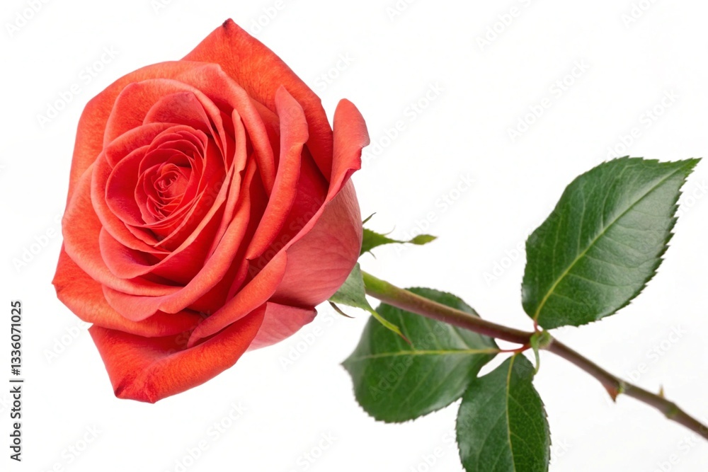 Fototapeta premium Vibrant Fresh Rose Blossom in Full Bloom Isolated on Pure White Background - Stunning Botanical Beauty and Elegance for Design Projects