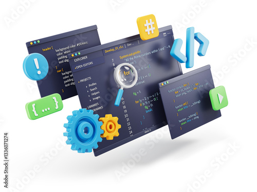 Programming, coding, development concept. Code, HTML, php web programming source code. 3d rendering