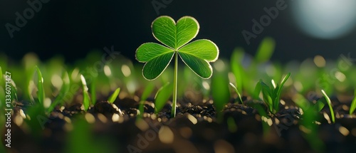 Three Leaf Clover in Field of Grass Symbolizing Luck and Irish Heritage on Dark Background