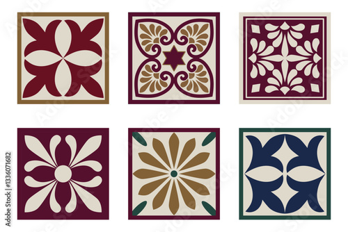Portuguese tiling vector patterns. Old mediterranean tile prints. Ceramic square arabesque pattern color, mediterranean vintage decor and patchwork illustration
