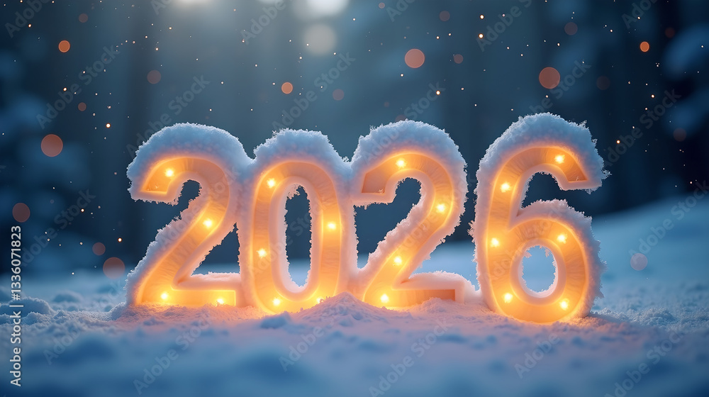 A wintery scene featuring snow-covered 2026 numbers illuminated by soft golden lights A wintery scene featuring snow-covered 2026 numbers illuminated by soft golden lights