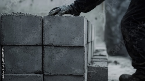 Close-up of construction workers assembling concrete blocks to build house walls, highlighting teamwork, precision, and the masonry process in residential construction.
