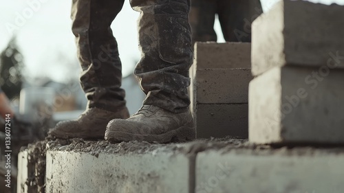 Close-up of construction workers assembling concrete blocks to build house walls, highlighting teamwork, precision, and the masonry process in residential construction.
