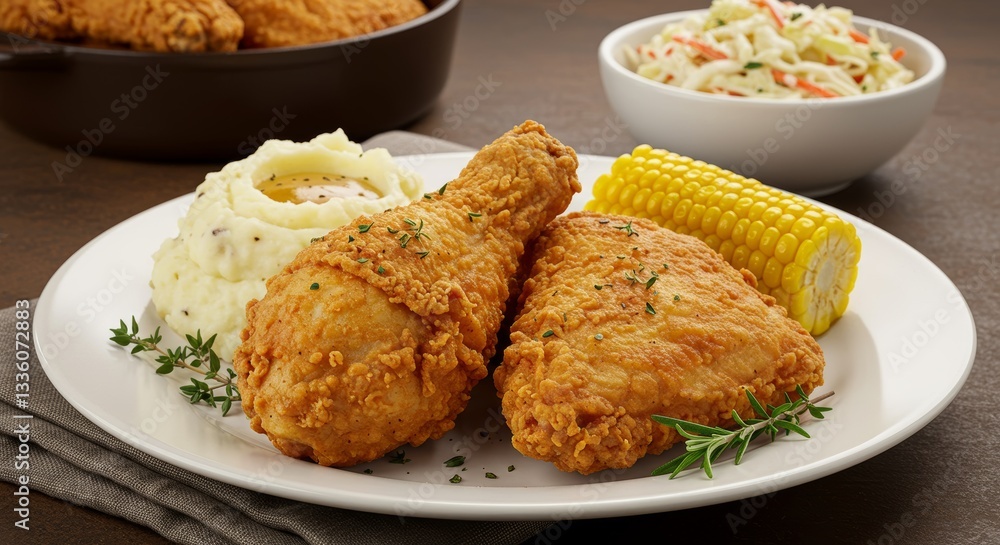 Delicious Crispy Fried Chicken Dinner with Mashed Potatoes Corn and Coleslaw Delicious Crispy Fried Chicken Dinner with Mashed Potatoes Corn and Coleslaw