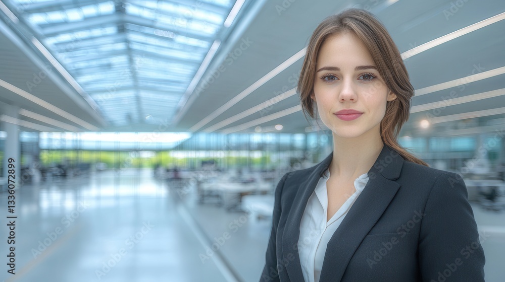 Professional Businesswoman Standing in Modern Office Space with Natural Light and Minimalist Design Professional Businesswoman Standing in Modern Office Space with Natural Light and Minimalist Design