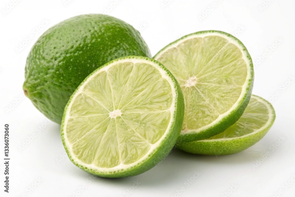 Fresh Green Lime with Cut in Half and Slices Isolated on White Background for Refreshing Summer Drink Recipes and Citrus Fruit Concepts Fresh Green Lime with Cut in Half and Slices Isolated on White Background for Refreshing Summer Drink Recipes and Citrus Fruit Concepts