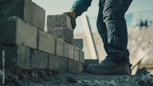 Close-up of construction workers assembling concrete blocks to build house walls, highlighting teamwork, precision, and the masonry process in residential construction.
