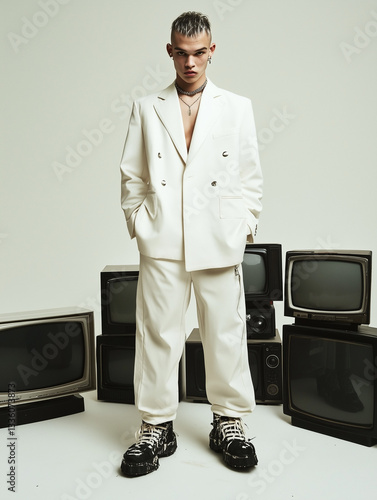 Stylish man in a chic white suit paired with unique platform boots, surrounded by vintage televisions for a fashion-forward portrait.