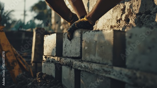 Close-up of construction workers assembling concrete blocks to build house walls, highlighting teamwork, precision, and the masonry process in residential construction.
