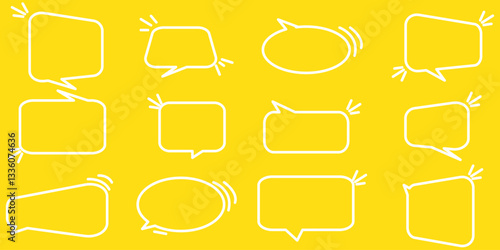 Set of speech bubble, comic sticker, chat box and empty social media message balloon silhouette or communication network symbol in doodle cartoon style. 