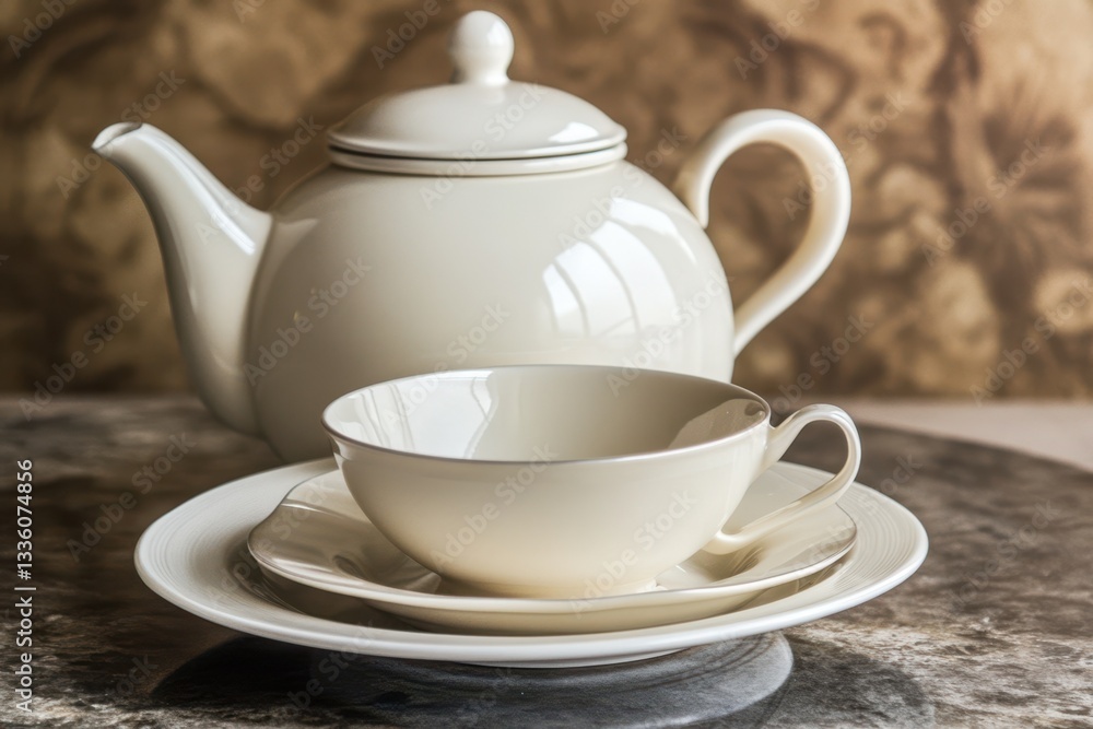Elegant white ceramic tea set arranged on a marble table for design inspiration Elegant white ceramic tea set arranged on a marble table for design inspiration