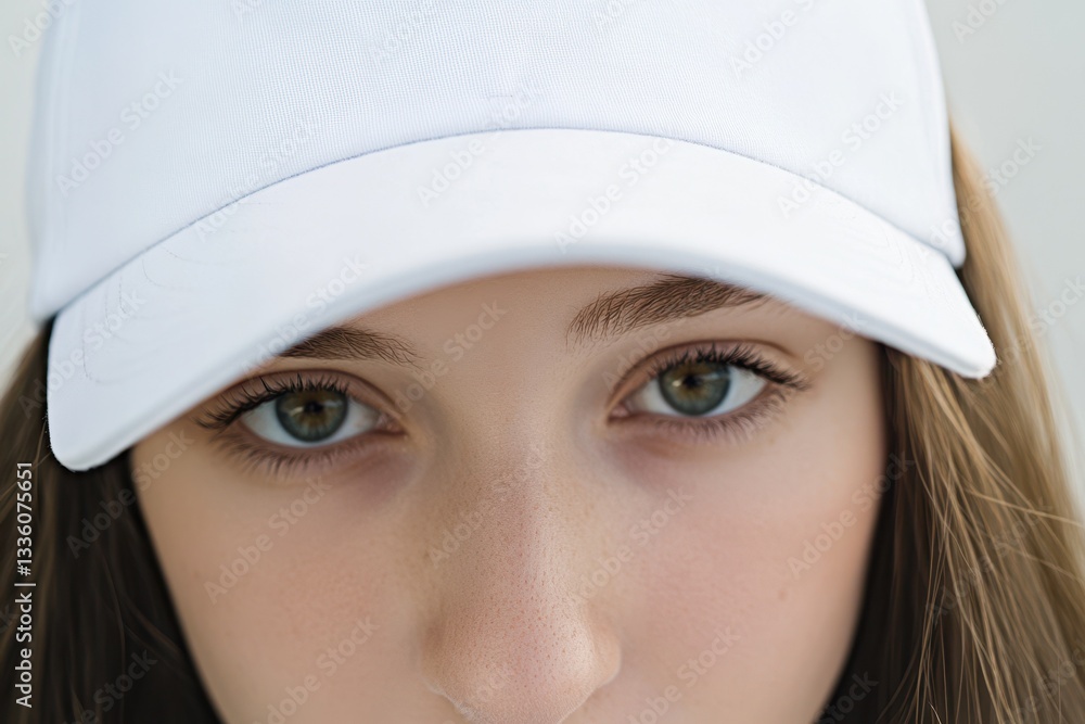 Close-up of a young person wearing a white cap with focused expression Close-up of a young person wearing a white cap with focused expression