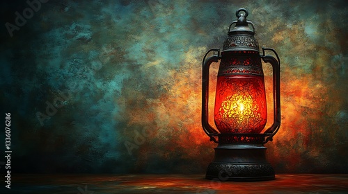 Antique Glowing Lantern Red Glass Vintage Decor Ramadan old art dark warm islam light metal night   