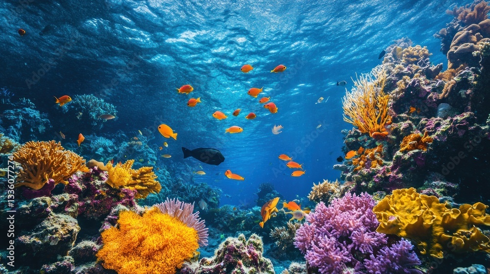 Naklejka premium Enchanting underwater vista with thriving coral reef and schools of colorful fish
