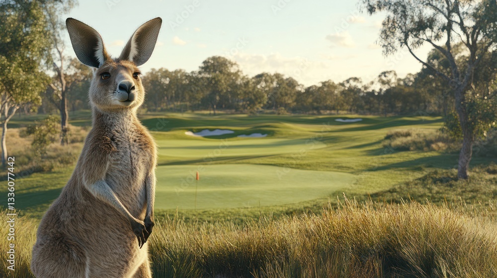 Fototapeta premium Kangaroo on Golf Course at Sunset. Use Stock Photo