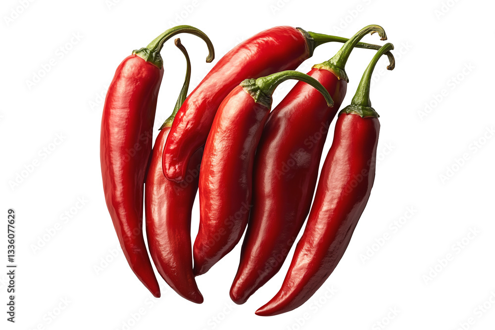 Fresh red chili peppers tied with string, isolated on a white transparent background. Spicy food and cooking ingredient concept Fresh red chili peppers tied with string, isolated on a white transparent background. Spicy food and cooking ingredient concept