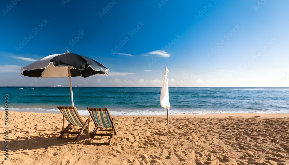 Fototapeta premium Two chairs banner on the beach