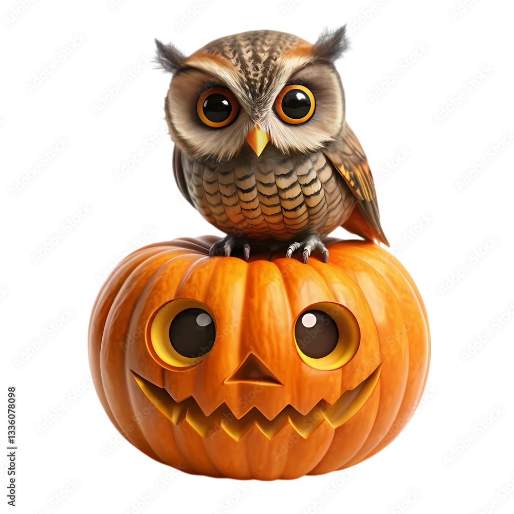 Fototapeta premium Cute Owl Halloween Pumpkin Decor on transparent background