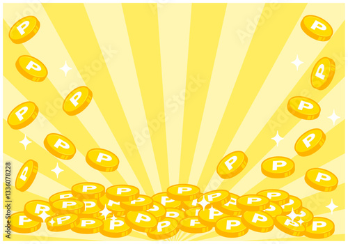 ポイントコインが降る山積みイラスト放射線背景1