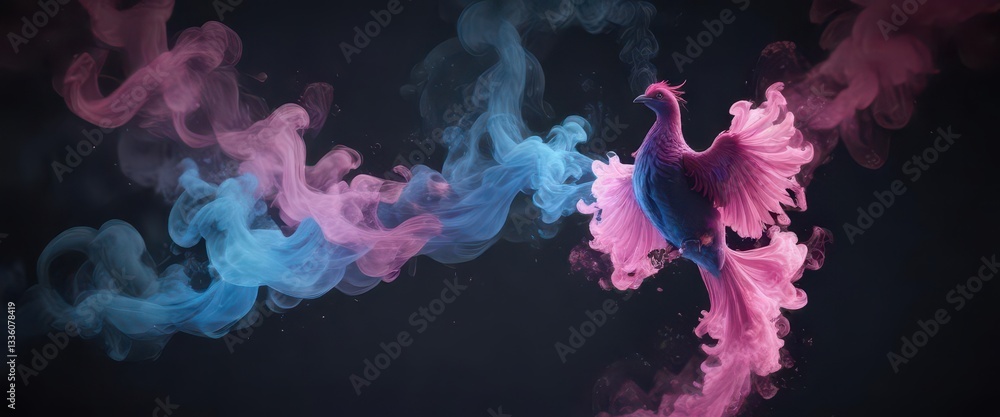 Fototapeta premium Glowing pink and blue smoke bird hovers eerily against blackness, glowing, darkness, bird