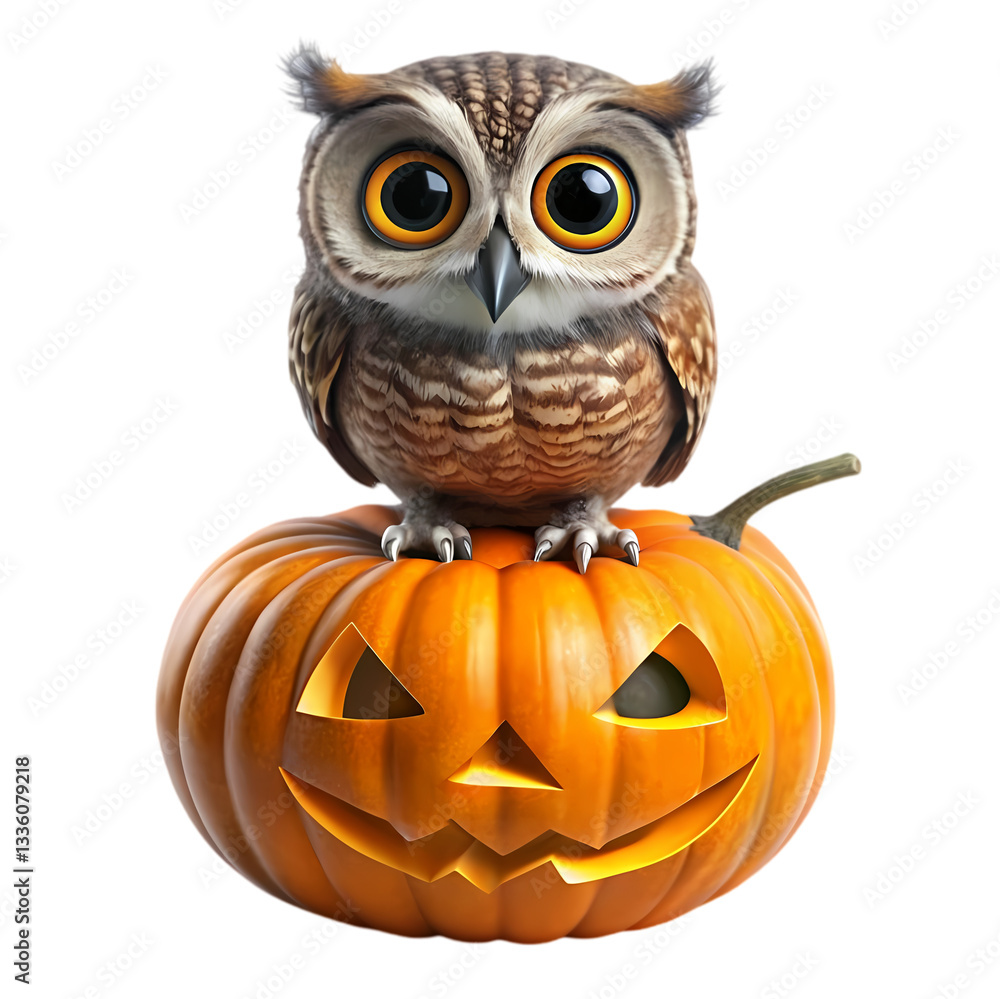 Fototapeta premium Owl on Pumpkin: Halloween Image on transparent background