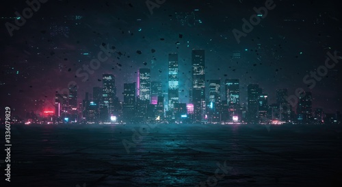 A neon-lit cyberpunk city skyline shrouded in mist, digital distortions, and eerie stormlight.
