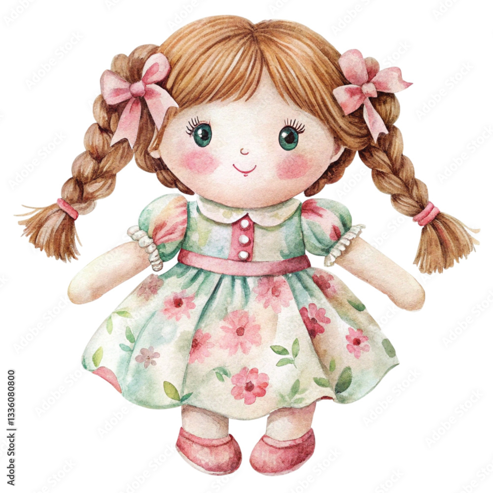 cute rag doll, children's toy clipart, watercolor style illustration with cartoon character , white background cute rag doll, children's toy clipart, watercolor style illustration with cartoon character , white background