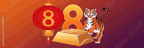 Vector illustration of red lantern, tiger zodiac, and gold ingot with number 8 – Great for prosperity, good luck, or Chinese zodiac-themed content.
