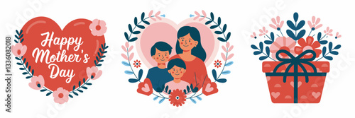 Vector illustration of heart, family portrait, and wrapped gift with "Happy Mother’s Day" text – Perfect for greeting cards, heartfelt messages, or parenting themes.