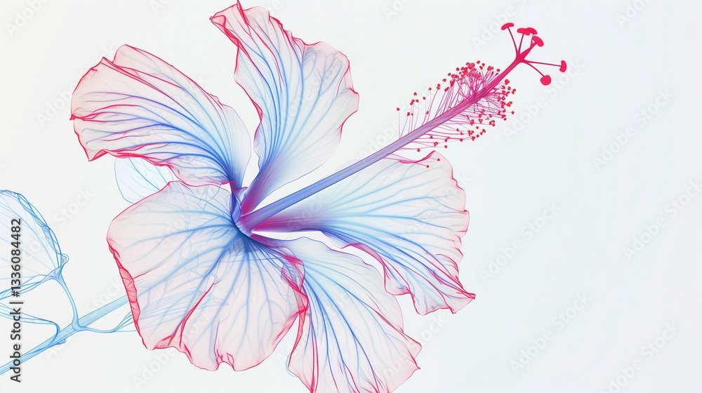 A hibiscus flower outline with broad petals and a prominent central stamen on a white background. A hibiscus flower outline with broad petals and a prominent central stamen on a white background.