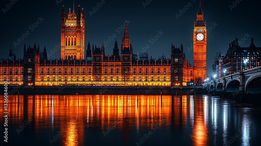 Fototapeta premium Night Cityscape Illuminated Building Reflection