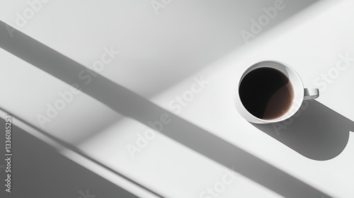 Aerial view of a white mug filled with dark liquid on a white surface with light shadows
