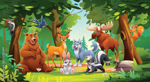 Jungle forest scene with various animals, including bear, deer, rabbit, and more. Vector cartoon character illustration