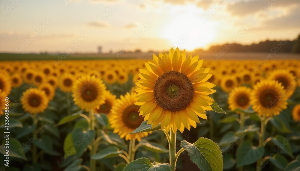 Fototapeta premium Sunflowers in field with warm mood blooming at sunset