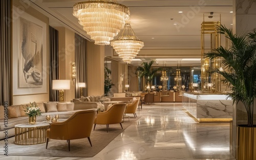 A luxury hotel room features elegant interior design with refined furniture and warm light