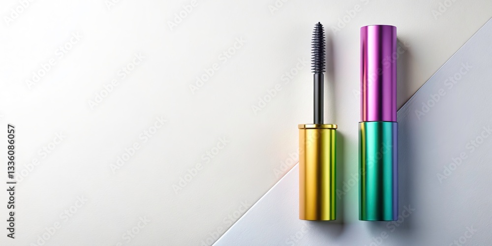 Naklejka premium Modern Futuristic Mascara Tube Product Photography - Flat Lay, Colored Cosmetics, Beauty Packaging Design