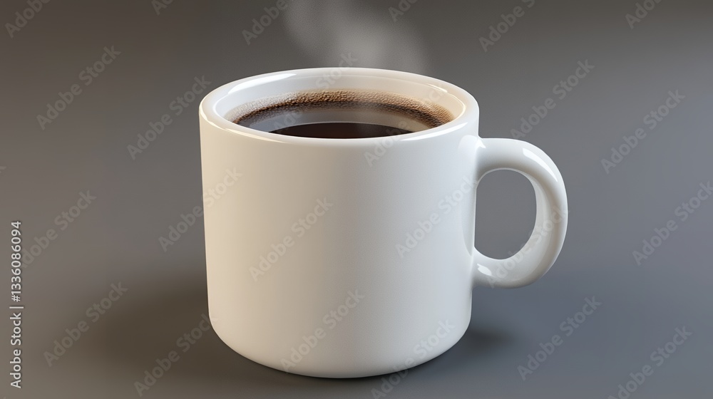 A steaming mug of dark liquid sits on a gray surface with a simple white ceramic mug design A steaming mug of dark liquid sits on a gray surface with a simple white ceramic mug design