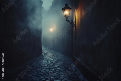 Fototapeta Naklejka Na Ścianę i Meble -  Mysterious foggy night in an old city  a dark alleyway with gothic architecture and gas lamp