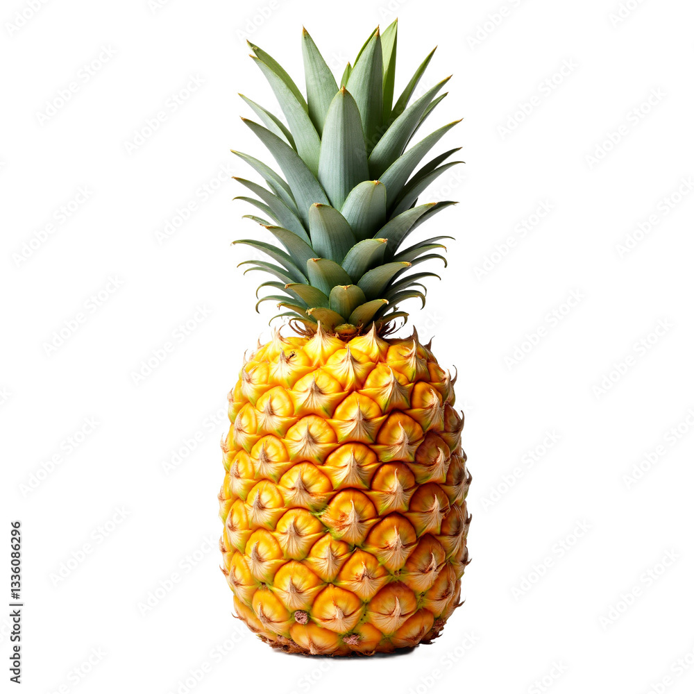 Fototapeta premium Pineapple isolated on white background, cutout file. Ripe tropical fruit for healthy eating, summer designs, menus, and vibrant food-related projects.