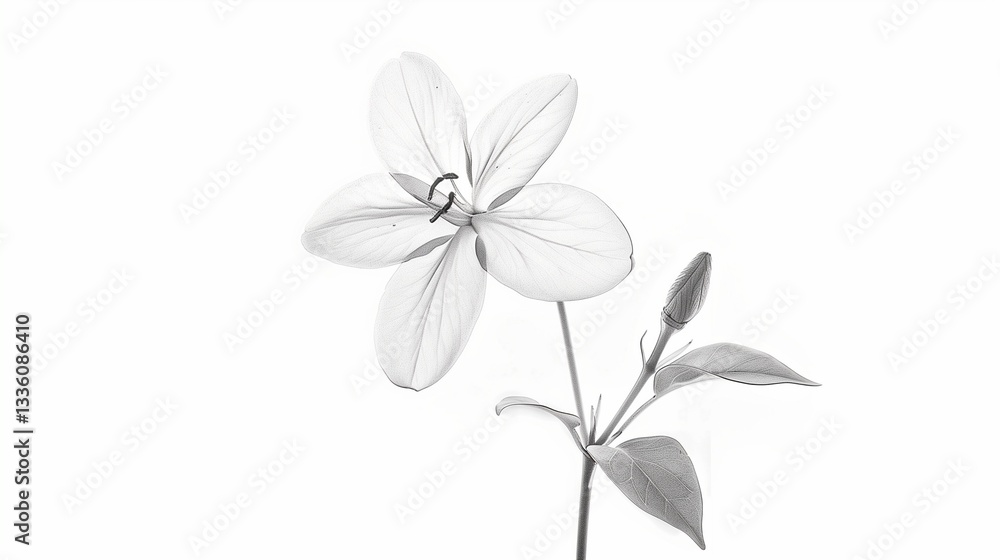 A jasmine flower outline with star-shaped petals and thin stems on a white background. A jasmine flower outline with star-shaped petals and thin stems on a white background.