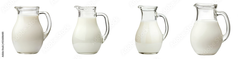 Four clear glass milk pitchers filled with fresh creamy white dairy liquid arranged on a plain background Four clear glass milk pitchers filled with fresh creamy white dairy liquid arranged on a plain background