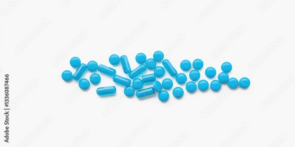 Several small blue pills neatly arranged against a pure white background, blue pills, macro Several small blue pills neatly arranged against a pure white background, blue pills, macro