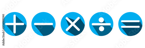 Plus, minus, multiply, divide and equal sign icon design set. Calculation and Mathematical sign symbol icon. Addition, subtraction, multiplication, division, equal sign, icon symbol.