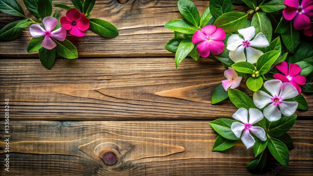 Overhead Double Exposure Vinca Blooms with Dutch Angle Tilt on Wooden Texture, High-Contrast Floral Design for Copy Space Overhead Double Exposure Vinca Blooms with Dutch Angle Tilt on Wooden Texture, High-Contrast Floral Design for Copy Space