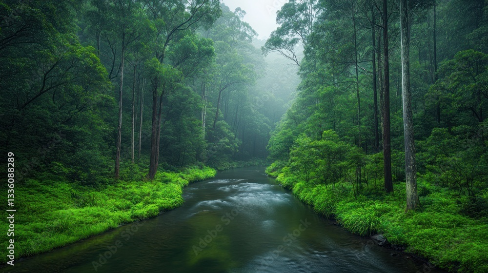 Obraz premium Misty River in Lush Green Forest