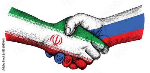 Handshake with flags of Russia and Iran